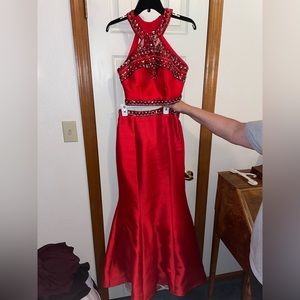 Rachel Allan two piece red satin prom dress with gems and halter top